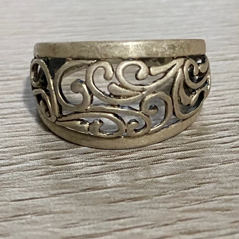925 Sterling Silver Filigree Vine Swirl Design Band Ring Sz 6 Antiqued Finish